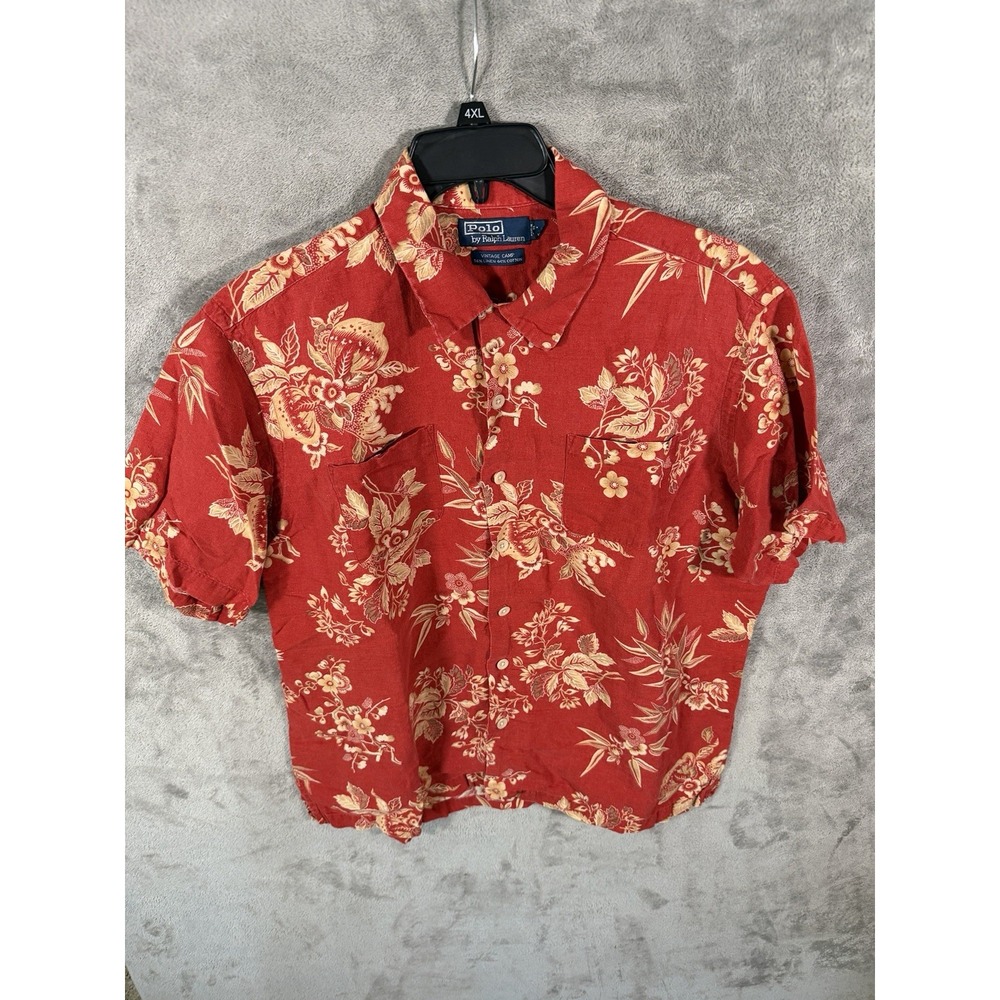 Polo Ralph Lauren Vintage Camp Linen Cotton Tropical Hawaiian‎ Button Shirt L